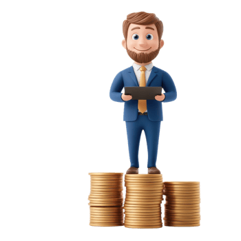 A cartoon character in a suit stands confidently on stacks of coins, holding a tablet, symbolizing financial success and business acumen. png