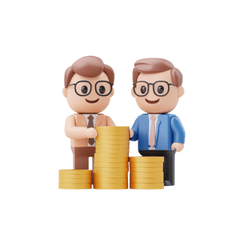 Two animated figures smiling while stacking gold coins, symbolizing teamwork and financial growth. png