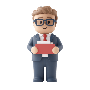 A cheerful cartoon figure in a business suit holding a stack of documents, exuding professionalism and friendliness. png