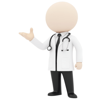 A cartoonish doctor figure in a white coat, gesturing with one hand, featuring a stethoscope around the neck. png
