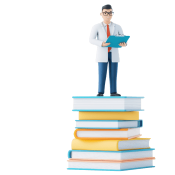 A cartoonish scientist stands on a pile of colorful books, holding a clipboard and wearing glasses, symbolizing knowledge and education. png