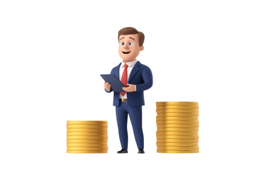 A cheerful businessman stands confidently next to stacks of coins, holding a clipboard and presenting financial data. png