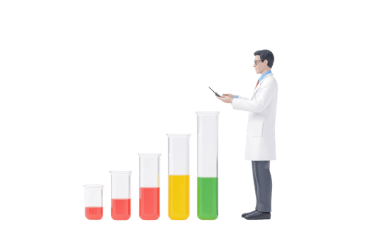 A scientist stands beside a series of graduated test tubes filled with colored liquids, indicating measurement or experimentation. png