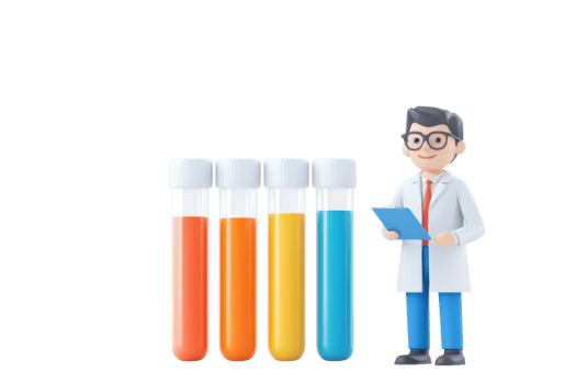 A cartoon character in a lab coat holds a clipboard next to four colorful test tubes filled with liquids. png