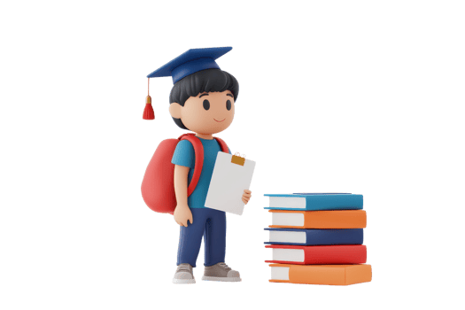 A cartoon character wearing a graduation cap and a backpack, holding a clipboard next to a stack of colorful books. png