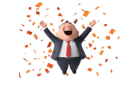 A joyful cartoon man in a suit celebrates with arms raised, surrounded by colorful confetti. png