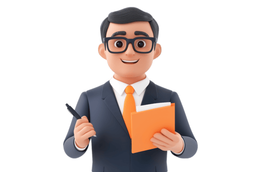 A cheerful, cartoonish man in a suit holds an orange notebook and a pen, exuding a professional yet friendly demeanor. png