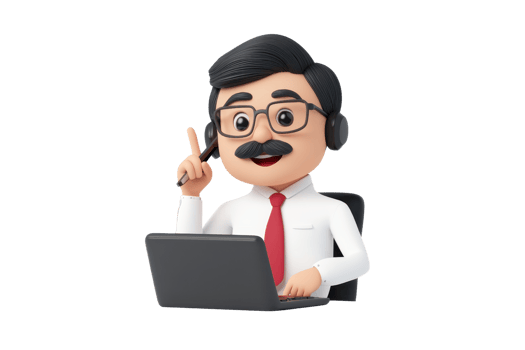 A cheerful cartoon character wearing glasses and a red tie, seated at a laptop, gesturing as if explaining something. png