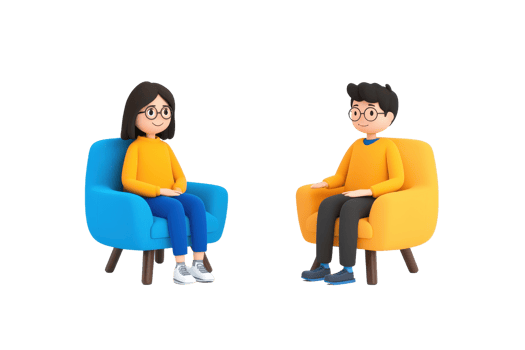 Two cartoon characters sit in colorful chairs, engaging in conversation in a cozy setting. png