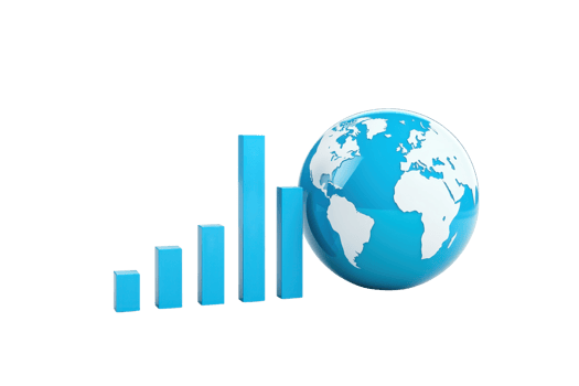 A blue globe next to ascending bar graphs symbolizes global growth and progress in data or finance. png