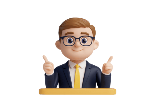 A cheerful cartoon character in a suit with glasses, confidently gesturing with both hands while standing at a desk. png