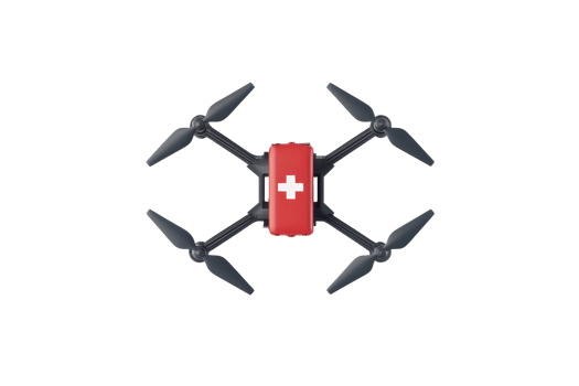 A red and black drone featuring a white cross emblem, designed for medical or rescue operations, with four propellers for flight. png