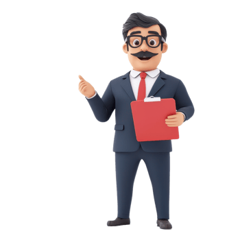 A cartoonish character in a suit, holding a red clipboard and gesturing with one hand, exuding a friendly, professional demeanor. png