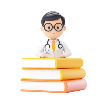 A cartoon doctor figure wearing glasses stands atop colorful stacked books, symbolizing education and healthcare. png