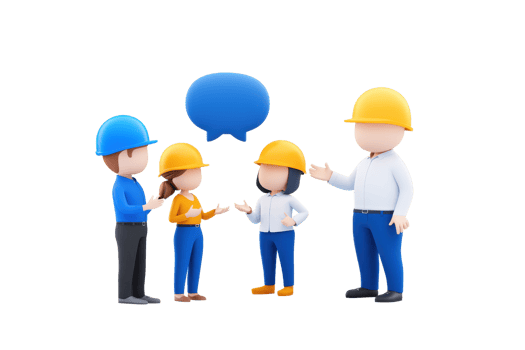 Four construction workers in hard hats engage in conversation, highlighting teamwork and communication in a professional setting. png