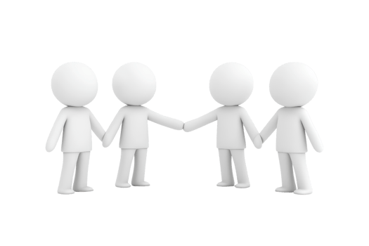 Four stylized figures are shaking hands, symbolizing collaboration and agreement. png