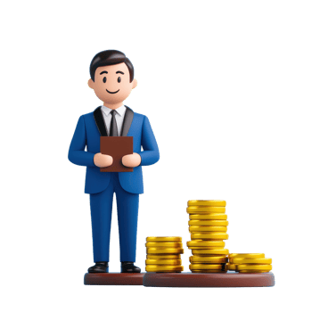 A smiling man in a blue suit stands next to a stack of gold coins, holding a clipboard. png
