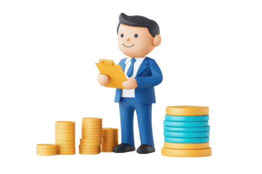 A cheerful figure in a suit holds a clipboard, standing beside stacks of coins, symbolizing finance and business. png