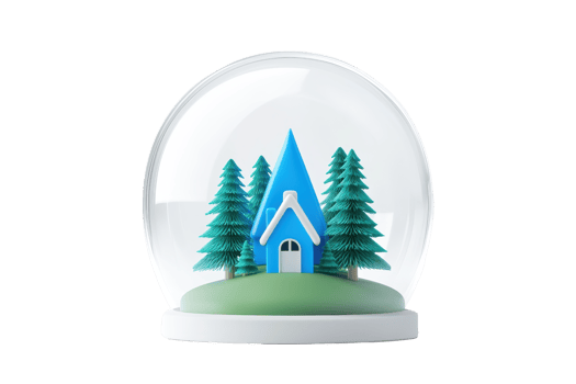 A whimsical snow globe featuring a blue house surrounded by green trees on a grassy base. png