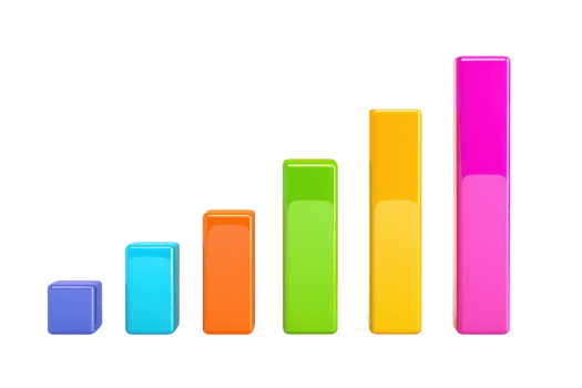 A colorful bar graph with increasing heights in different colors, representing data or statistics in a visually engaging manner. png