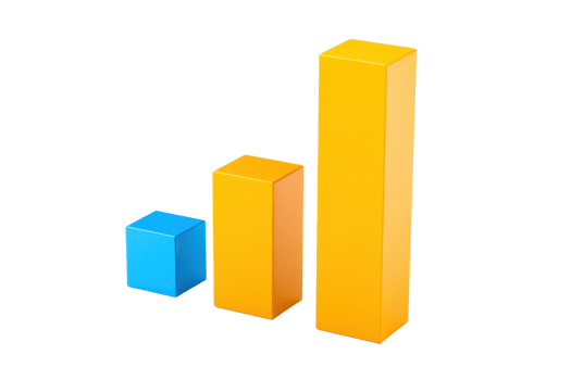 Three colorful bar graphs representing different heights and values, with a blue cube and two yellow rectangular prisms. png