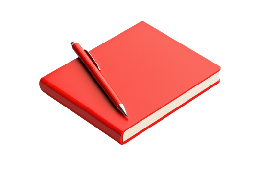A vibrant red notebook with a sleek pen resting on top, designed for writing and note-taking. png