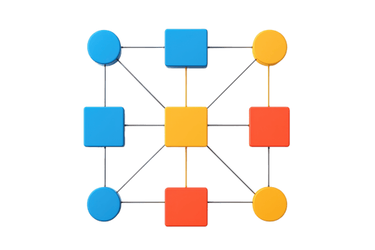 A geometric arrangement of colorful circles and squares connected by lines, illustrating a network or grid structure. png