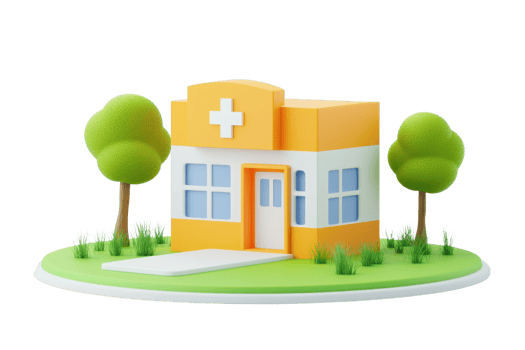 A colorful, stylized medical facility with a cross symbol, surrounded by grass and trees, designed in a playful, cartoonish manner. png