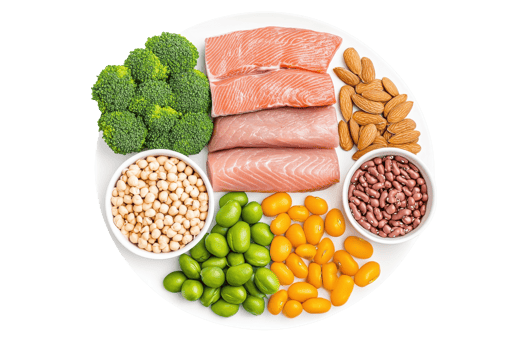A plate filled with salmon, broccoli, almonds, and various legumes, showcasing a colorful array of nutritious foods. png