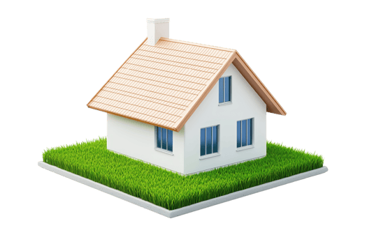 A small, charming house with a sloped roof, chimney, and green grass surrounding its base. png