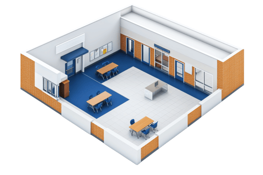 A modern classroom featuring tables, chairs, and various educational materials, designed for collaborative learning. png