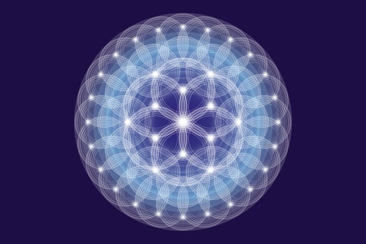 Seed Flower of life lotus icon, logo mandala sacred geometry, symbol of harmony and balance. Mystical talisman, white circles lines isolated on blue background vector