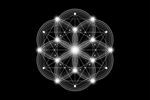 Seed Flower of life lotus icon, logo mandala sacred geometry, symbol of harmony and balance. Mystical talisman, white circles lines isolated on black background vector