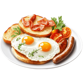 Breakfast with eggs, bacon and sausage png