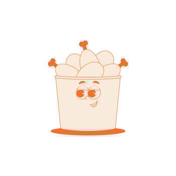 Funky character red box with chicken thighs in trendy retro groovy style. Psychedelic fast food mascot with face. Cool sticker in monochrome palette vector