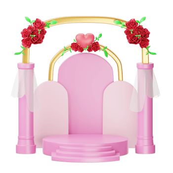 A pink wedding stage with a red rose arch png