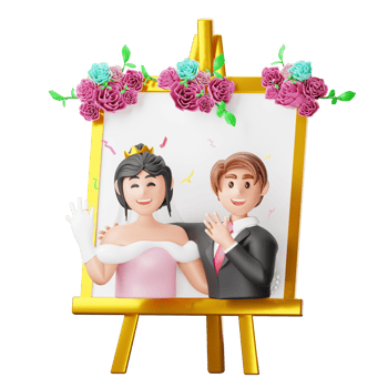 A couple is holding up a picture of their wedding png
