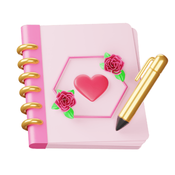 A pink notebook with a pen and a heart png
