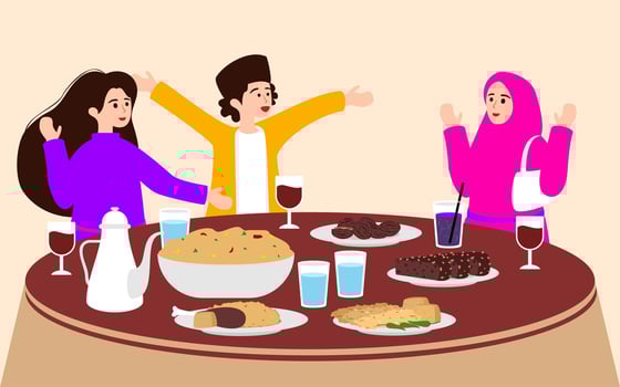 Flat Ramadan Kareem Iftar Break Fasting with Family vector