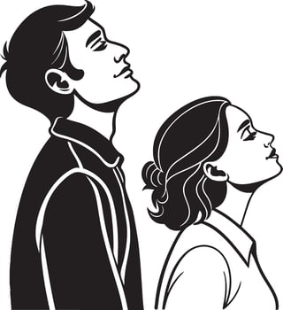 a man and woman are looking up at the sky vector