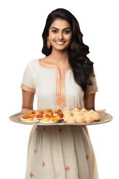 Happy Indian Woman Holding a Plate Filled Various Type Sweets in Traditional Dress as White Kurti Character Created By . png
