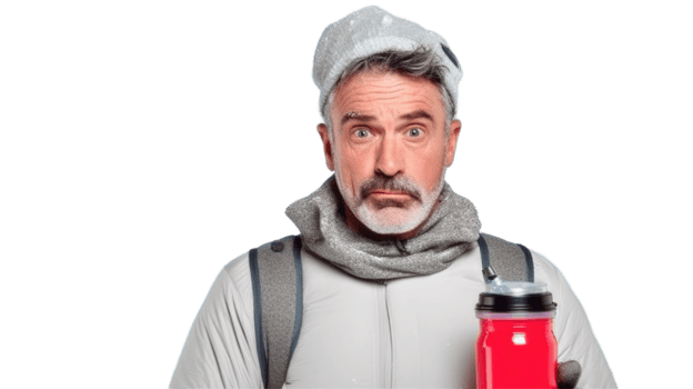 Middle-aged Man Wearing Winter Clothes and Holding Bottle on Background. png