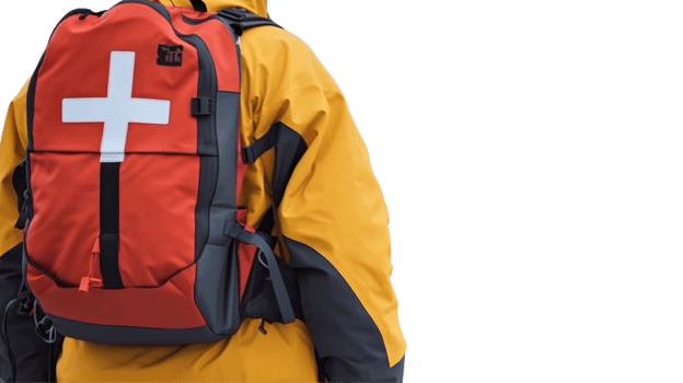 Back Side of Rescuer Wear Orange Jacket and First Aid Bag on Background. png