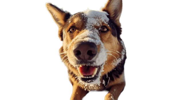 German Shepherd Dog Barking with Snow on His Nose, Photo. png