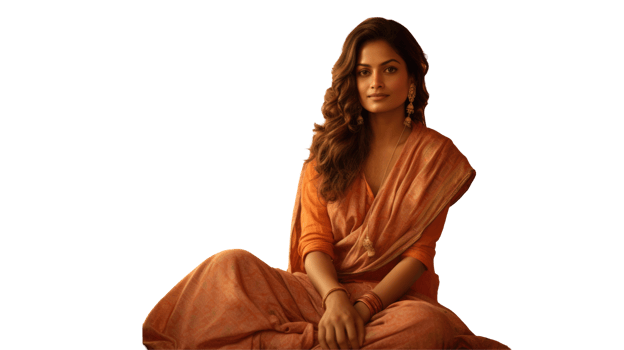 Smiling Indian Woman Sitting in Orange Saree Photo . png