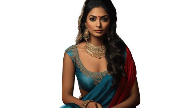 Beautiful Indian Woman Photo in Blue and Red Saree on Background. png