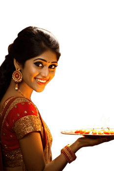 Beautiful Indian Woman Photo with Illuminated Oil Lamps Plate for Happy Diwali Celebration . png