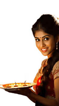 Beautiful Indian Woman Photo with Illuminated Oil Lamps Plate for Happy Diwali Celebration . png