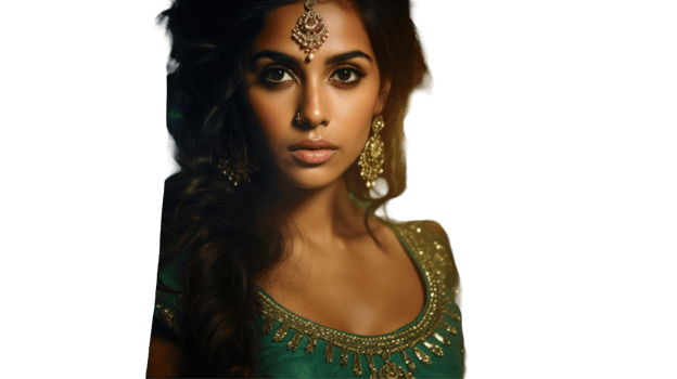 Indian female model in green dress and elegant jewelry, attending wedding ceremony or festival. png