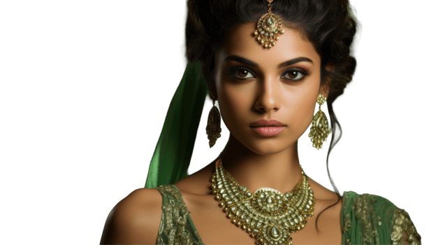 Indian female model in green dress and elegant jewelry, attending wedding ceremony or festival. png